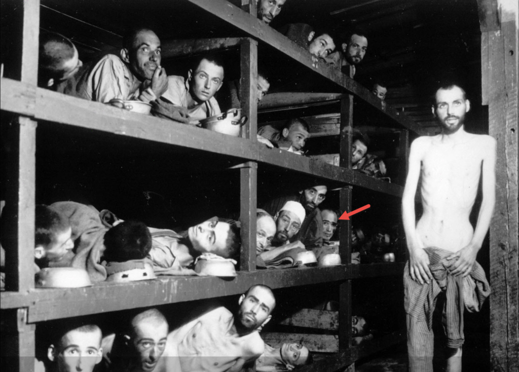 Узники концлагеря Бухенвальд, после освобождения армией США 16 апреля 1945 года. Эли Визель указан стрелкой. Фото: US Army photos.