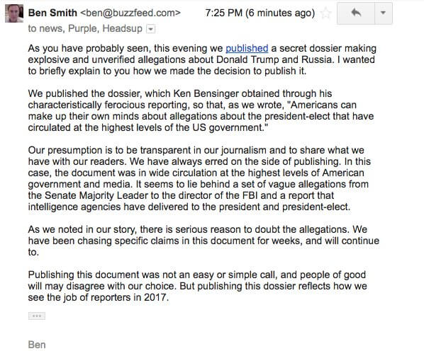 Письмо главного редактора Buzzfeed Бена Смита сотрудникам издания по поводу публикации «досье» Фото: Twitter