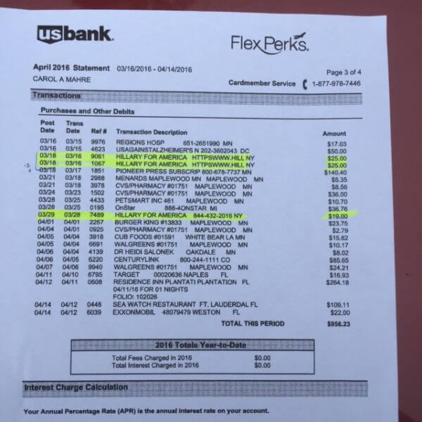 Транзакции из банковской выписки по счету Кэрол Мар. Фото: Carol Mahre (из личного архива)