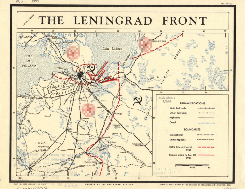 1943 year. A map of the Leningrad front — the north-western part of the USSR with a marked front line and the most important communications Leningrad was taken under siege by Nazi troops. Photo: CIA