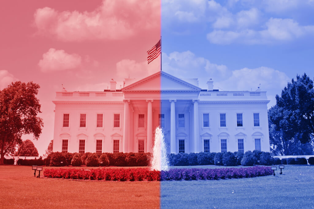 White house in blue and red colors