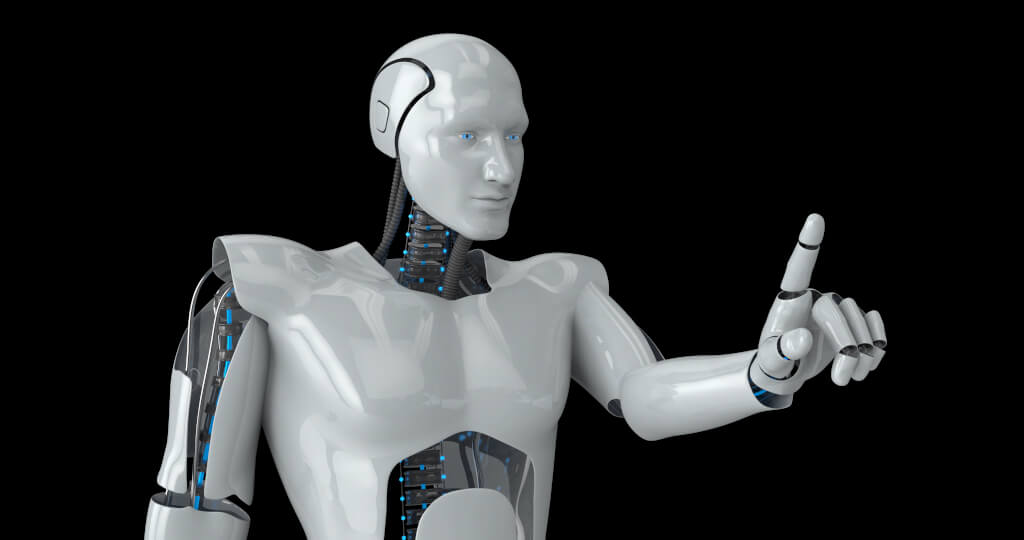 Humanoid futuristic male robot touching screen. 3