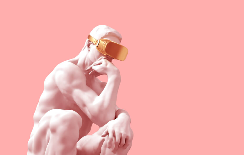 Sculpture Thinker With Golden VR Glasses Over Pink Background.
