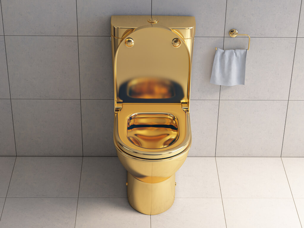 Golden toilet bowl in wc. 3d illustration