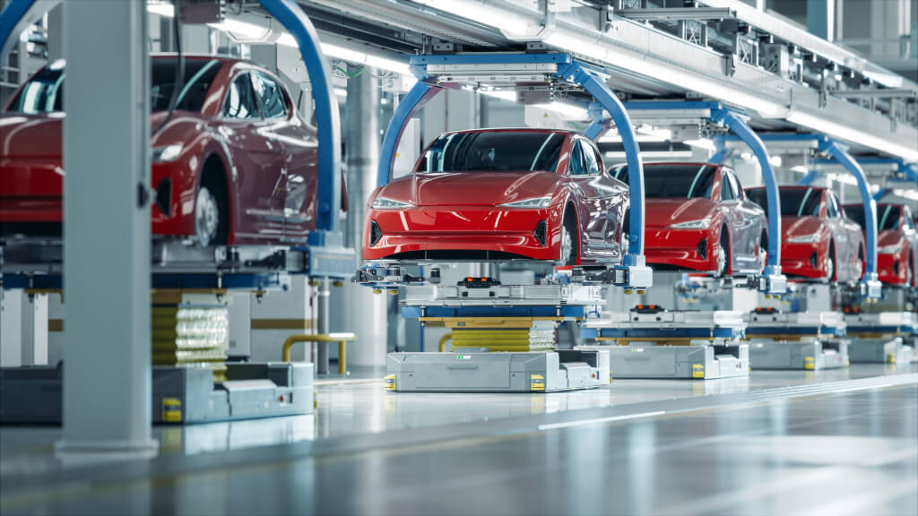 Car Batteries Installation on Electric Vehicles on Assembly line
