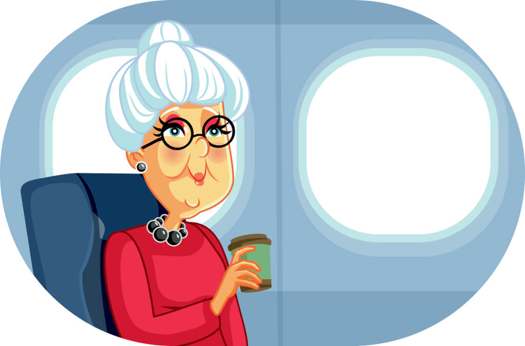 Happy granny becoming a globetrotter after retirement enjoying her flight