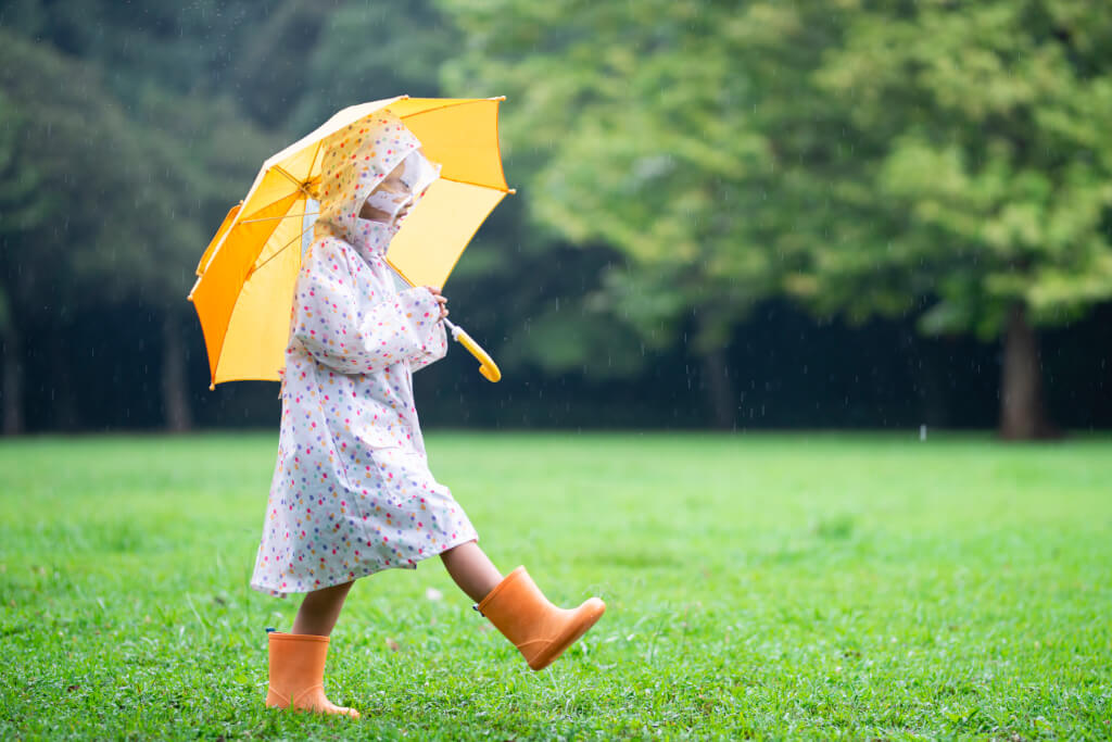 Girl wear raincoats and rain boots and walk with umbrellas