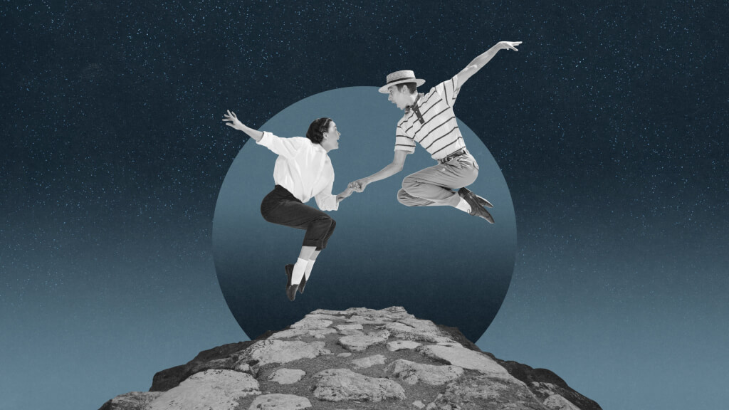 Leaping under the stars. Joyful couple dancing against night sky. Love and adventure. Contemporary art collage. Concept of surrealism and creativity, retro style, elegance and freedom